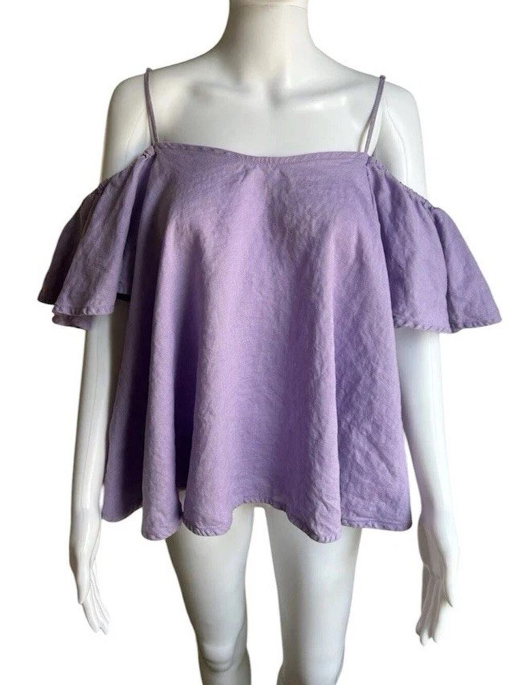 MYLAN Japan 100% Linen Blouse Womens OS Lavender Cold Shoulder Ruffle